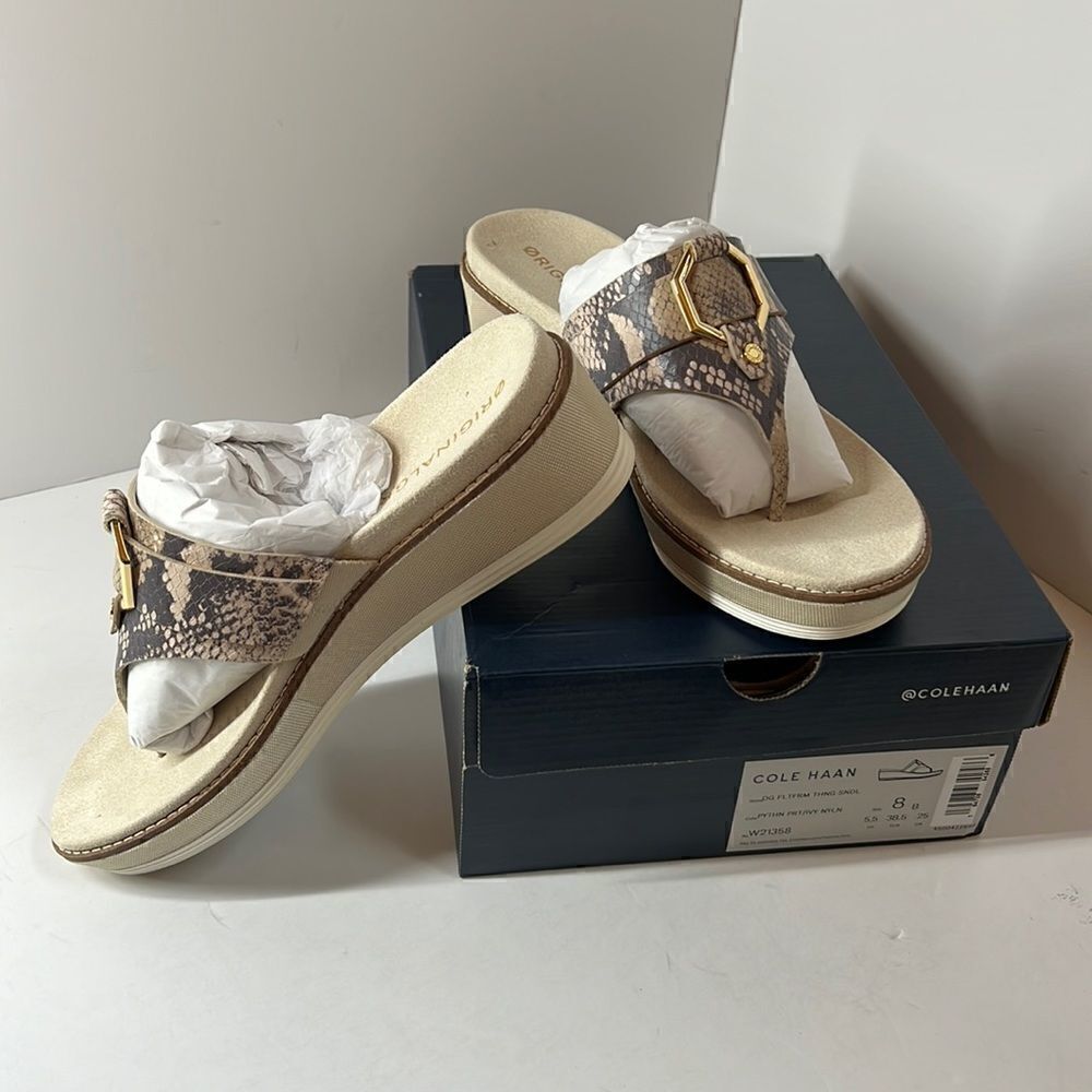 Cole Haan Womens Snake-Print Wedge Thong Sandals in Neutral